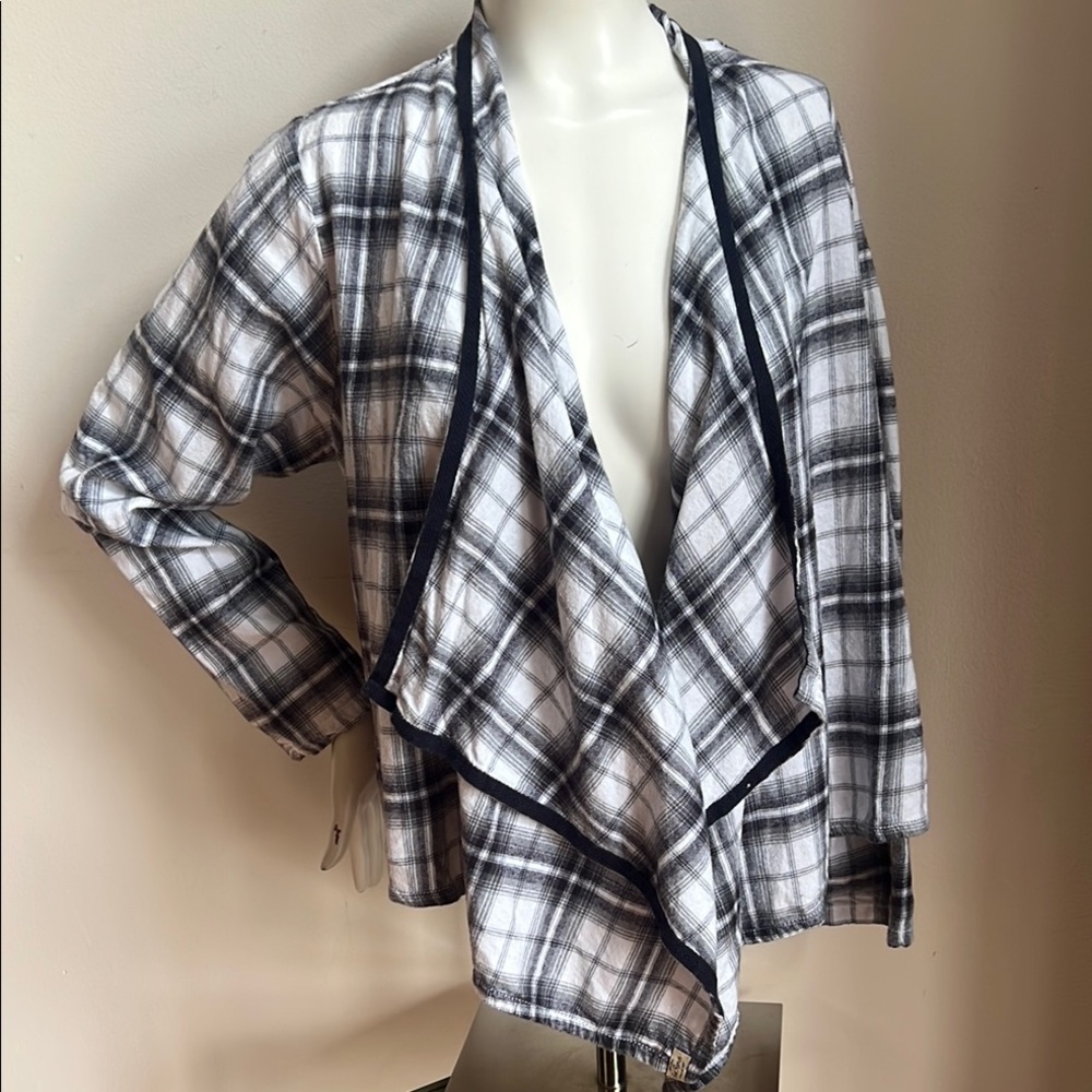 Plaid Open Front Cardigan - Black and White